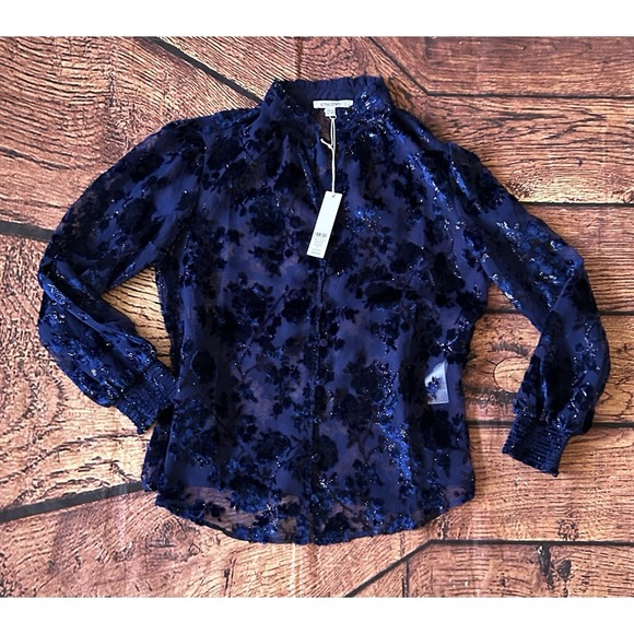 Chico's Velvet Burnout Scroll Print Shirt Button Up Blouse Blue Women's Size‎ M - Picture 9 of 16